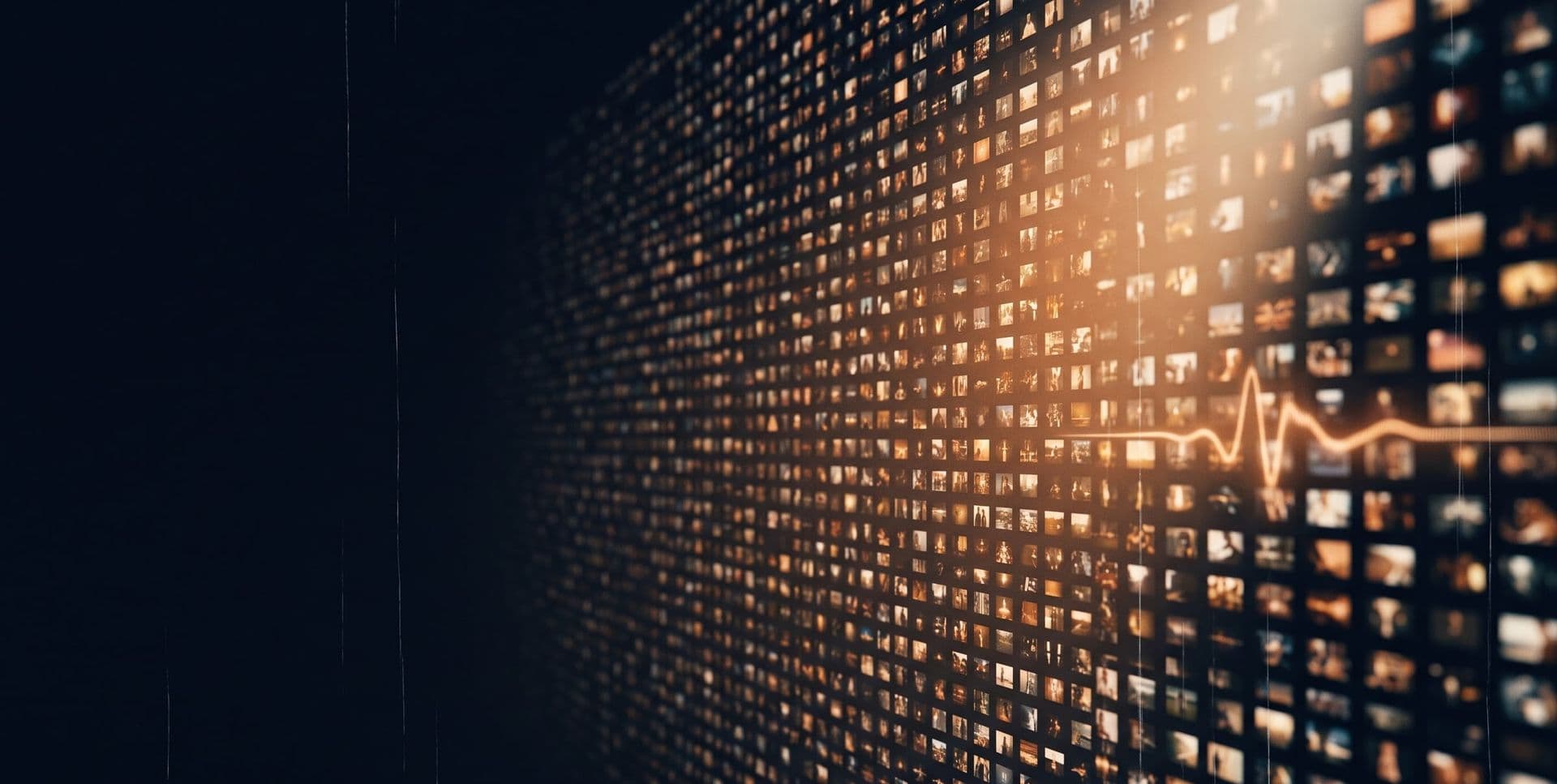 Audio description at scale — a wall of video frames with a narration wave